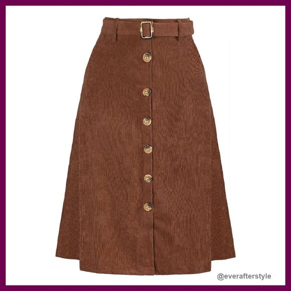 Dresses & Skirts - Corduroy Midi Skirt High Waist A-Line Retro Chic Button Front Belted
